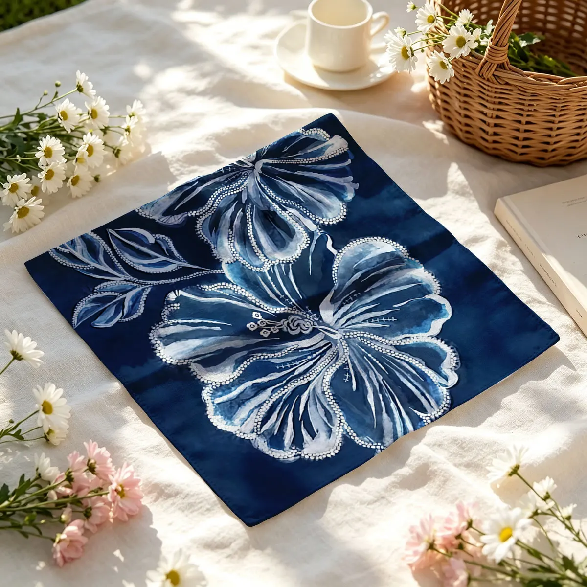 Navy Blue White Floral Bandana Paisley Headbands Hip Hop Kerchief Outdoor Unisex Headband Wrist Wraps Face Mask Handkerchief view 2