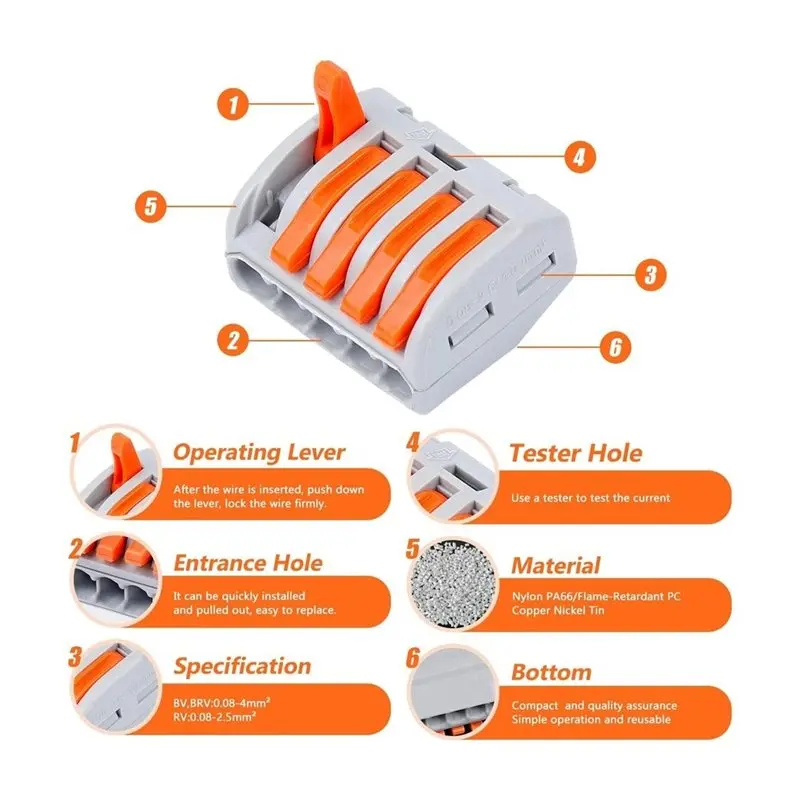 A96K-Compact Wire Connector Nuts Kit 100PCS, Reusable Push-In Terminals, For Fast Wire Splicing(2-5 Port Lever)