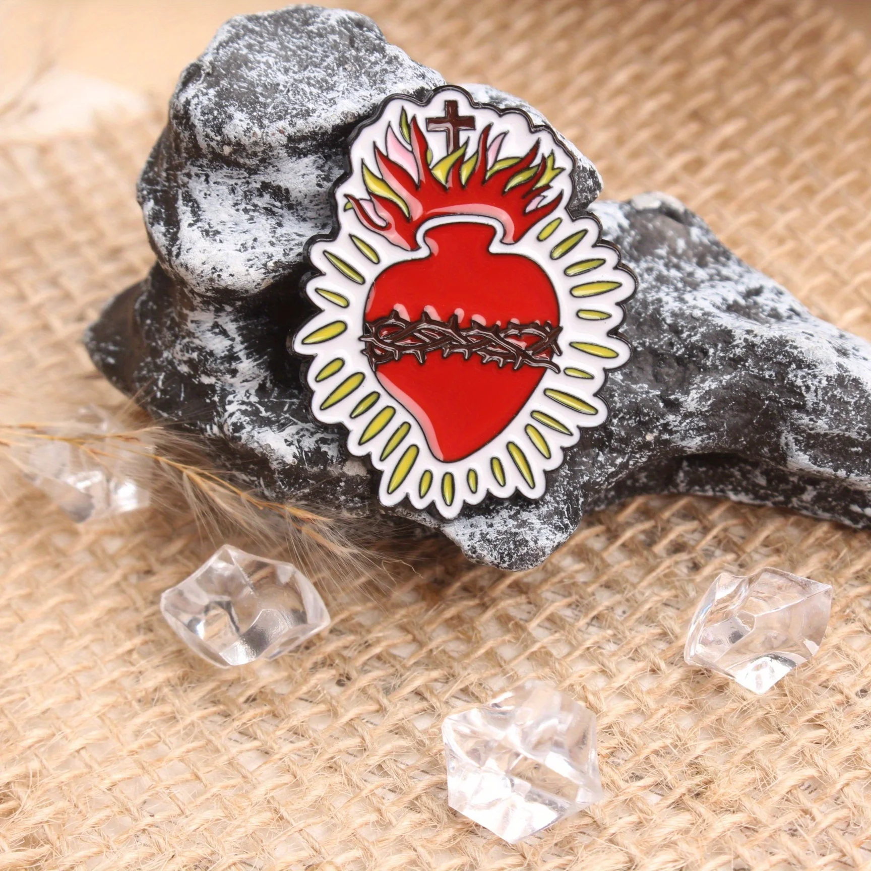 Sacred Heart Religious Brooch Flaming Red Heart with Thorns Cross Decor Pin for Clothing, Religious Jewelry Gift for Friends