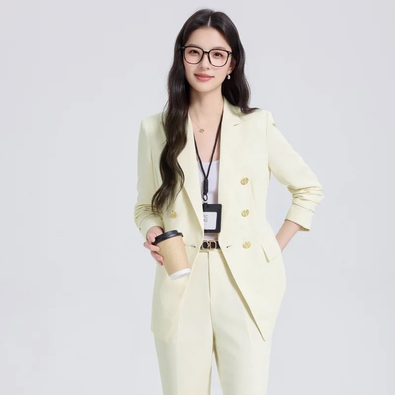 2025New double-breasted women's suit set for spring and autumn, elegant professional attire, slim-fit formal blazer