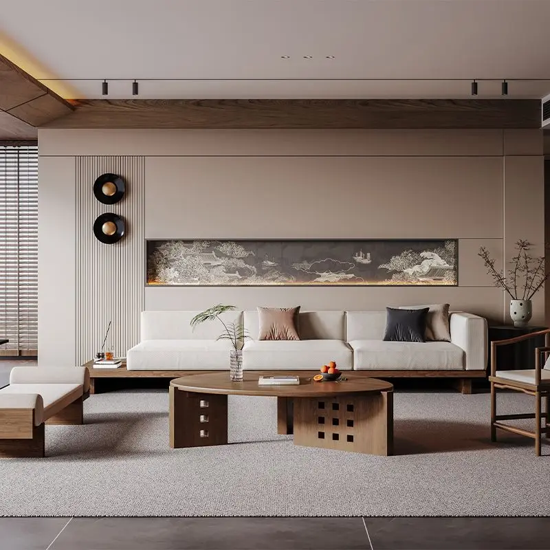 

New Chinese-style solid wood sofa combination Song Dynasty aesthetics straight row small apartment living room home