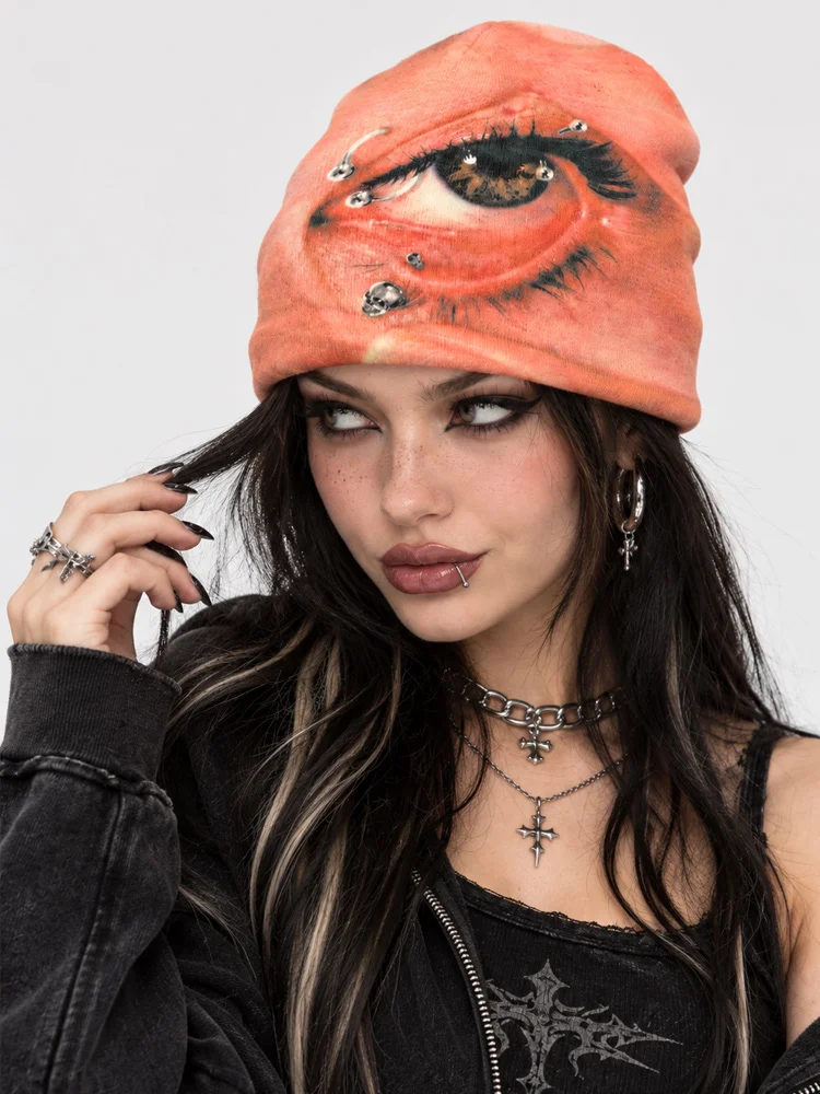 Y2K Gothic Eye Print Beanie Unisex Skull Piercing Graphic Knit Hat Streetwear Winter Warm Cap for Men Women Punk Fashion