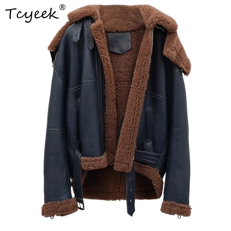 Tcyeek Genuine Wool Autumn Winter High End Trendy Hooded Silmming Stand Collar Women's Wool Shearling Fur Coat Fourrures Femme
