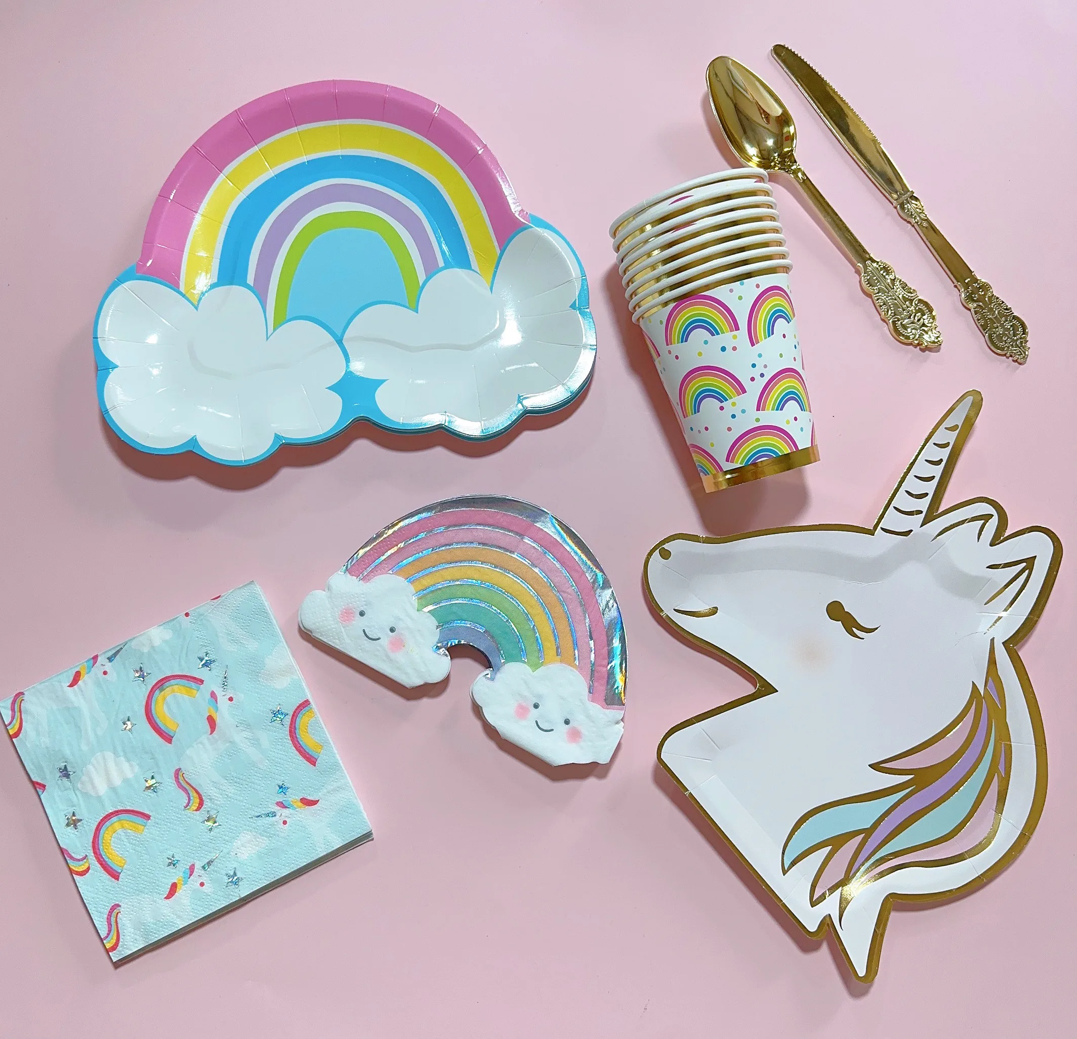 8Guests Rainbow Party Disposable Plate Rainbow Cloudy Birthday Party Happy Unicorn Girl Boy Birthday Party Supplies