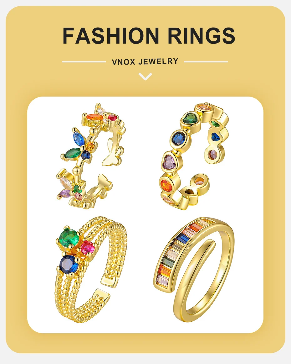 Vnox Elegante Bunte Zirkonia-Schmetterlings-Herz-Öffnungsringe für Frauen, Vergoldet, Stapelbare Glänzende Kristallringe, Partyschmuck – Detail 1