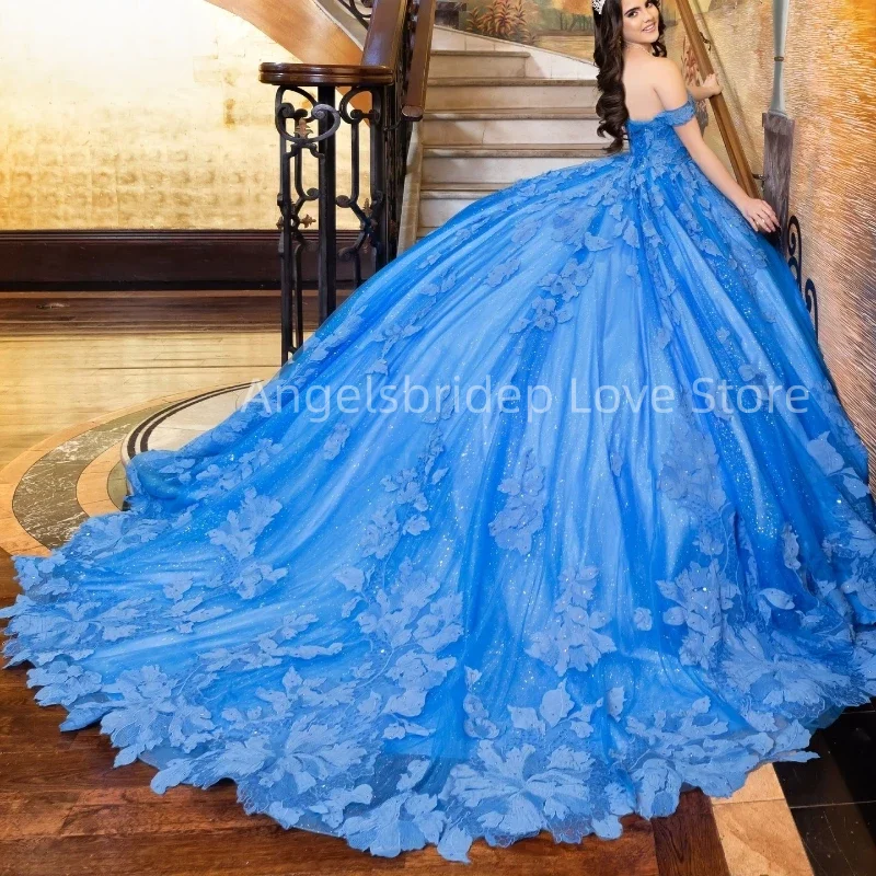 Engels bride elegantes blaues Ballkleid Quince anera Kleider mit Applikationen Abend Perlen Kleid Vestido de 15 Quinceañera