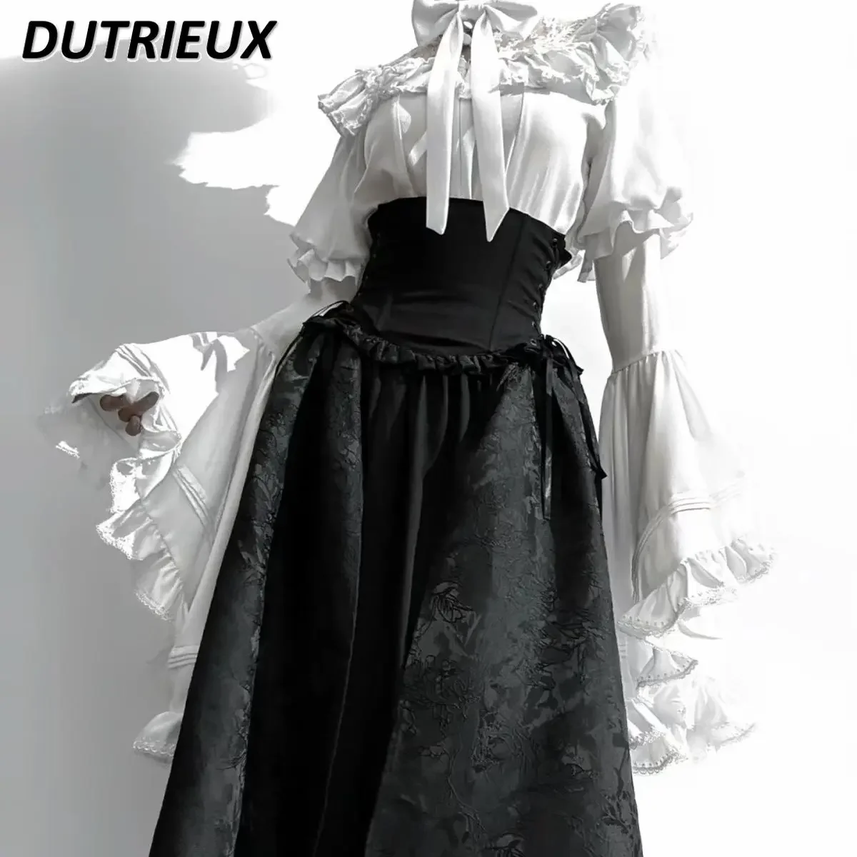 Japanese Lolita Gothic Sweet Girls Solid Color Long-sleeve Shirt Gorgeous Elegant Versatile Top and High Waist Long Skirt