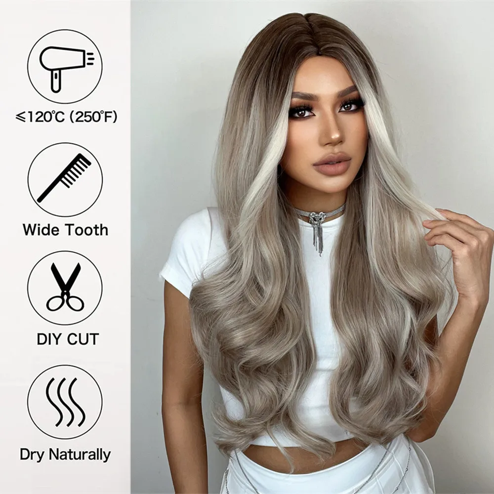 ALAN EATON Long Blonde Synthetic Wig with Highlights Natural Body Wavy Ombre Wig Heat Resistant Fiber for Women Daily Party Use