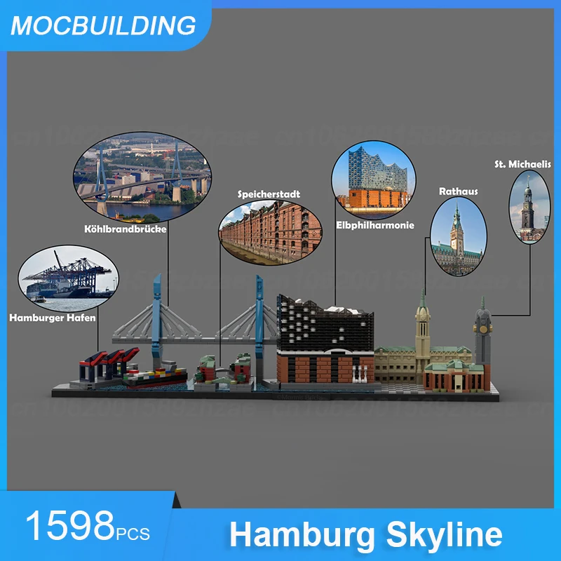 โมเดลเส้นขอบฟ้าบล็อกตัวต่อ Moc Hamburg สถาปัตยกรรมแบบ DIY ประกอบอิฐเพื่อการศึกษาสร้างสรรค์การรวบรวมของเล่นคริสต์มาสของขวัญ1598ชิ้น