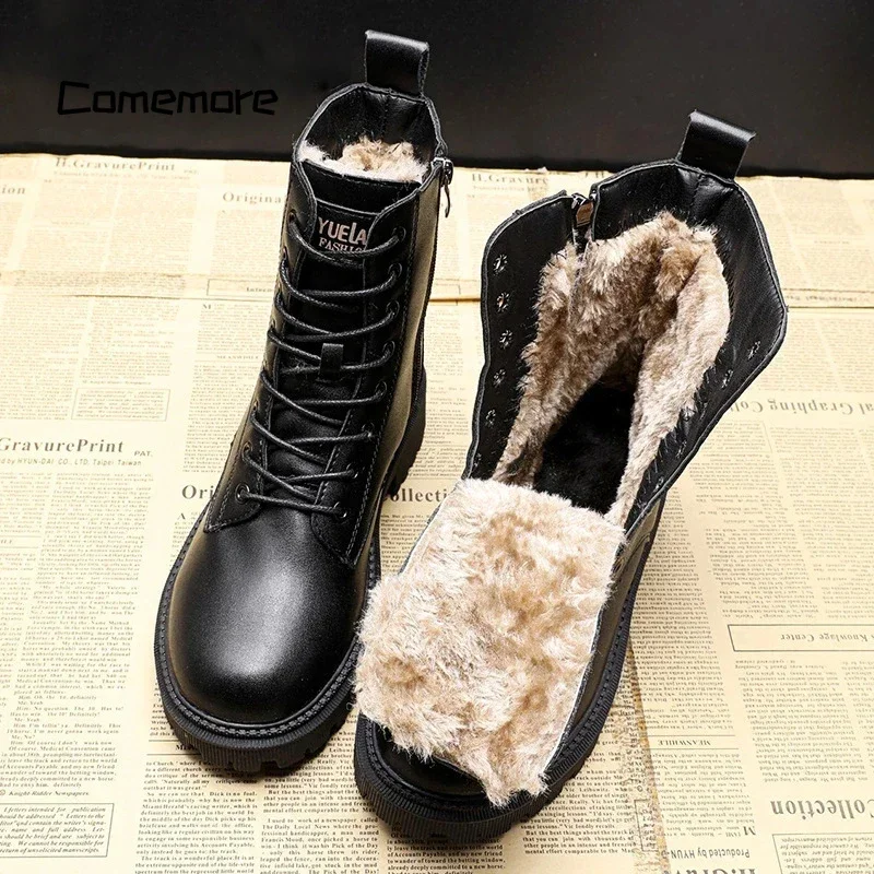 luxury Black Leather Boot Ankle Booties Plush Warm Platform Shoe Fashion British Style Botas Winter Furry Boots Women Shoes 40