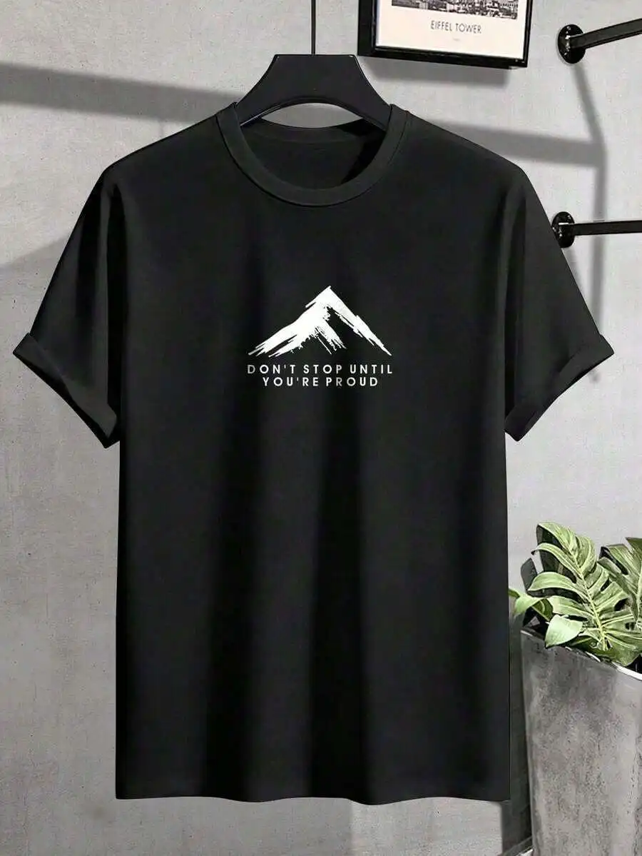 Manfinity Homme Men Round Neck Short Sleeve Mountain Print Black Tee Casual Daily Wear, For Friends