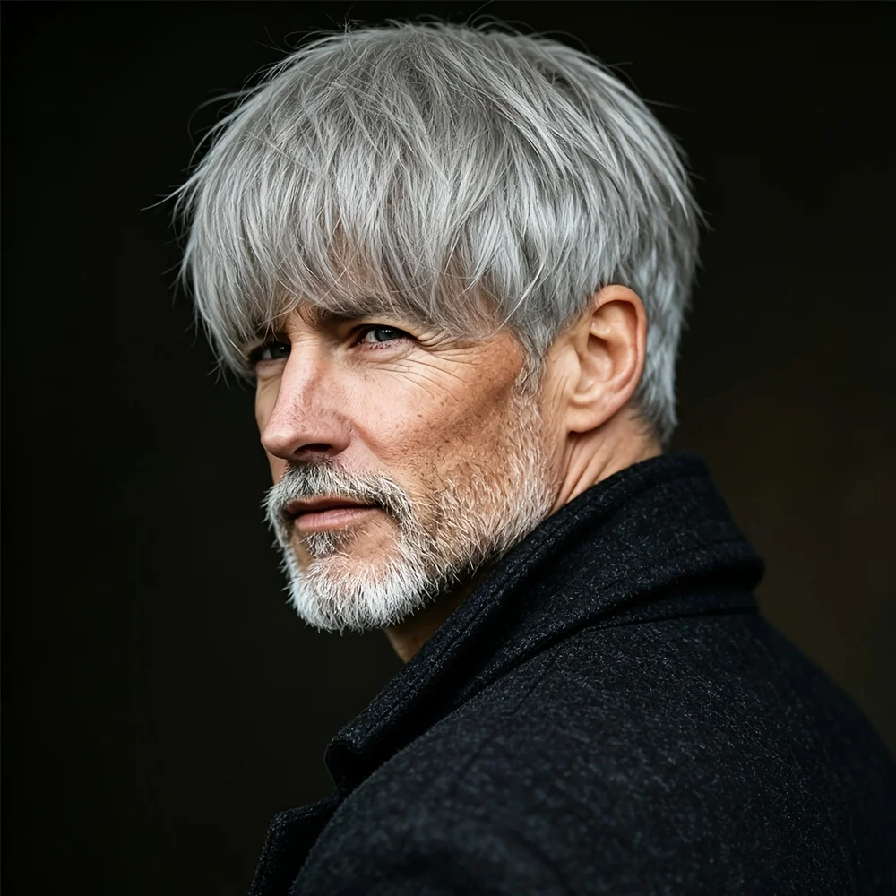 Men'S Short Straight Silvery Gray Textured Pixie Cut Synthetic Hair Wig with Bangs Realistic Silvery Gray  Wig for Daily Wear