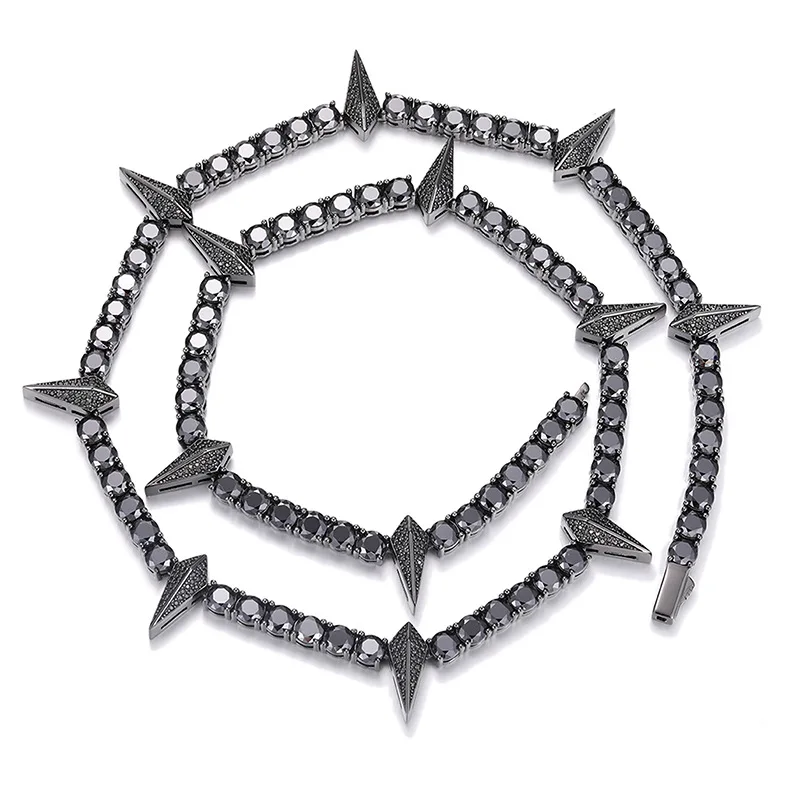 S925 Sterling Silver Black Moissanite Spiked Tennis Link Chain Necklace for Women Men Hip Hop Bling Ice Out Rapper Jewelry