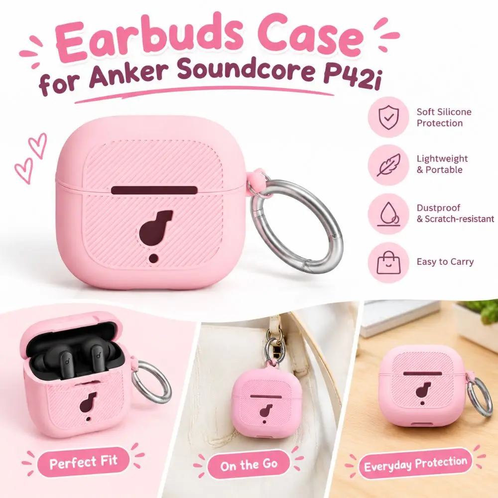 Silicone Earbuds Case for Anker Soundcore P42i Dustproof With Carabiner Silicone Protective Cover for for Anker Soundcore P42i