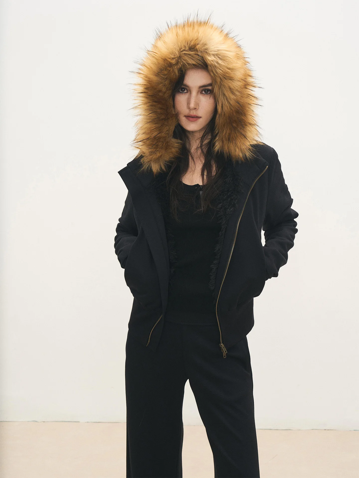 

Теплое шерстяное пальто из шелка и хлопка для женщин, осенне-зимнее, уличное, с меховой подкладкой, с капюшоном, стандартного кроя, длинное, на молнии