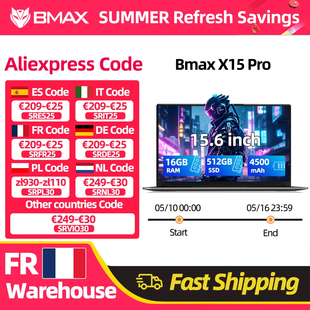 Ordinateur portable Bmax X15 Pro 15,6'' IPS Intel 12e génération N100 16 Go de RAM DDR4 512 Go de SSD Windows 11 Clavier numérique HDMI Wifi USB PC
