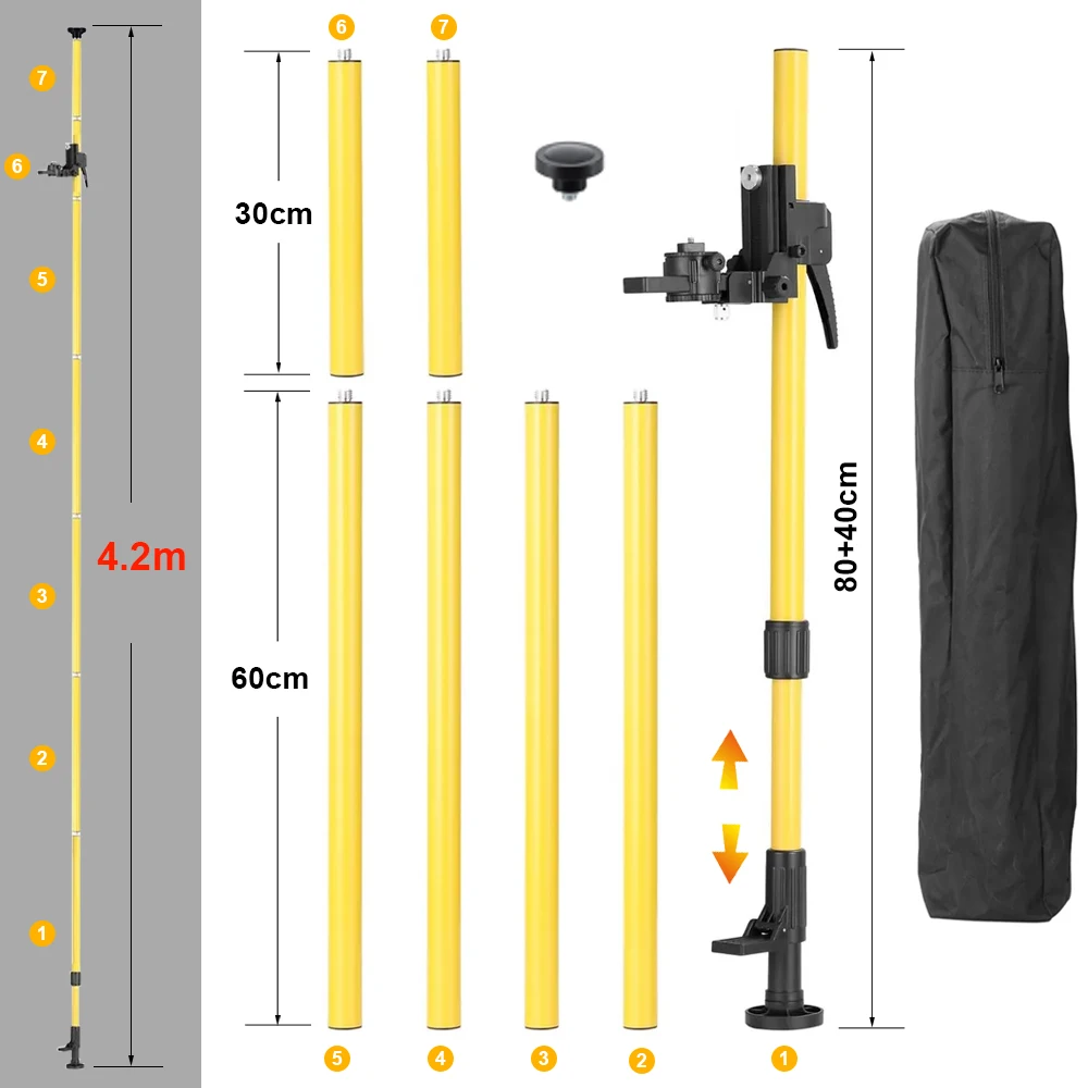 FIRECORE 3.7M Laser Telescoping Pole 5/8 and 1/4 Interface Extend Ceiling Rod Bracket + Hollow Tripod