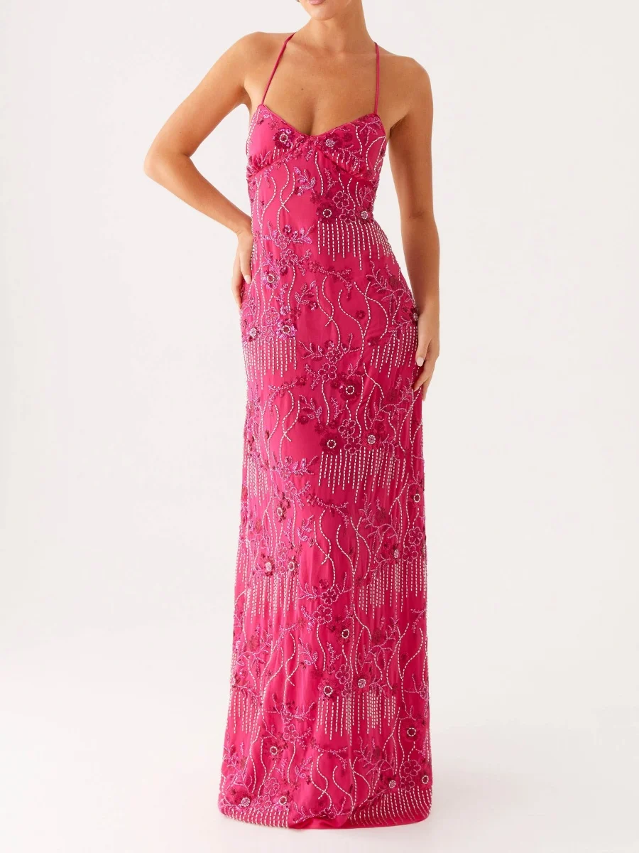 Damska cekinowa błyszcząca sukienka maxi na ramiączkach typu halter Y2k z kwadratowym dekoltem, kwiecista sukienka na ramiączkach spaghetti, długa sukienka z rozcięciem, brokatowa obcisła sukienka klubowa.