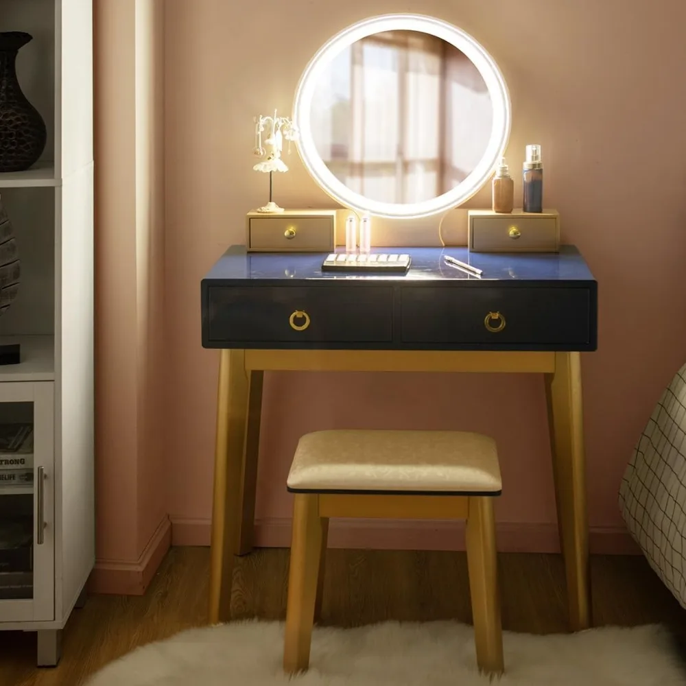 

Vanity Desk with Lights, Navy Blue Makeup Vanity Desk with 3-Color Lighted Mirror, 4 Drawers, Cushioned Stool, Modern