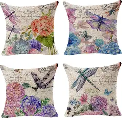Plant Flower Hydrangea Dragonfly Butterfly Linen Decorative Square Throw Pillow Cover Cushion Case for Farmhouse Sofa
