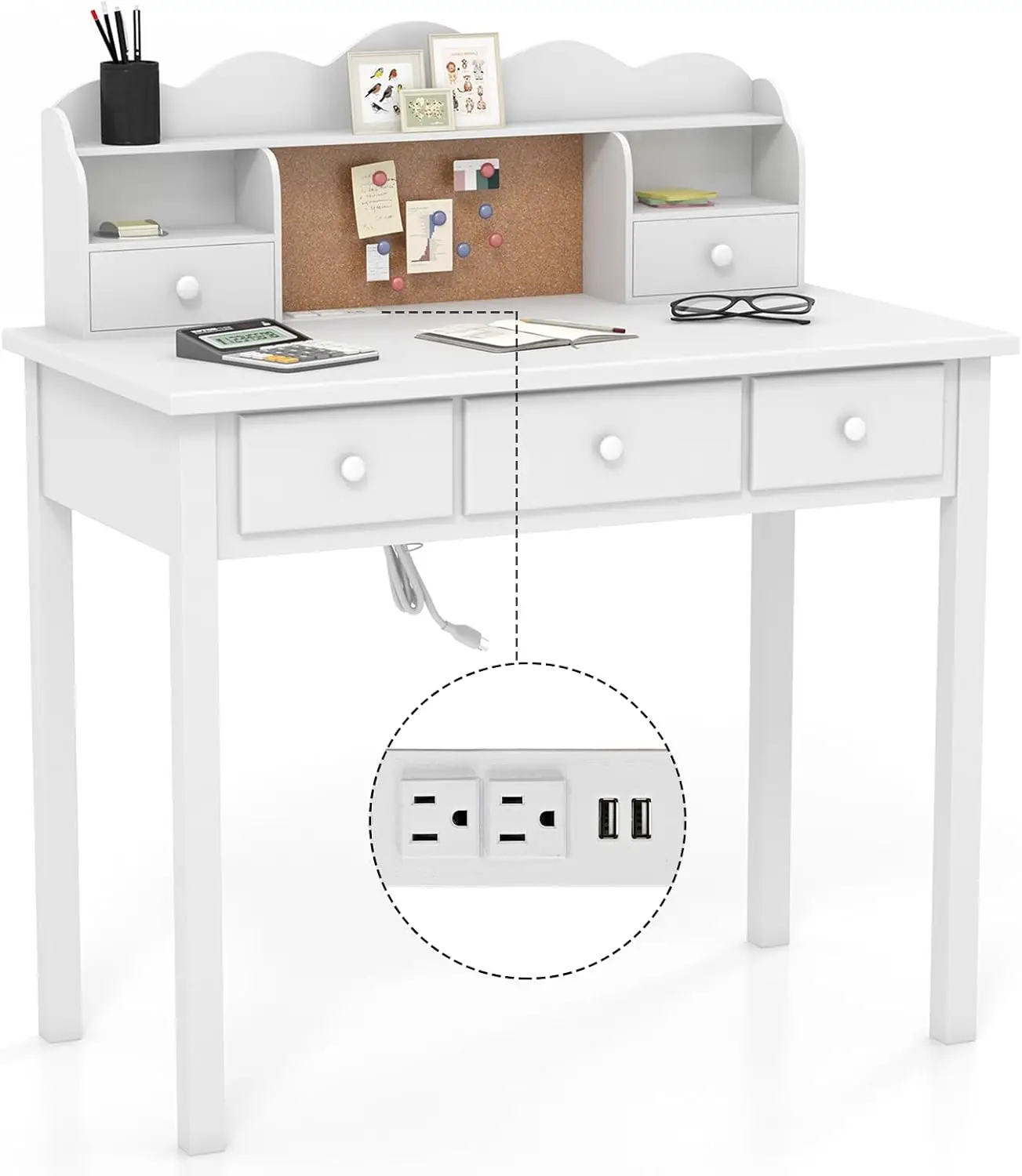 โต๊ะเขียนหนังสือสีขาวพร้อมฮัทช์และลิ้นชักโต๊ะสำนักงานบ้าน36นิ้วพร้อมที่ชาร์จสถานีคอมพิวเตอร์พร้อมที่จัดเก็บ