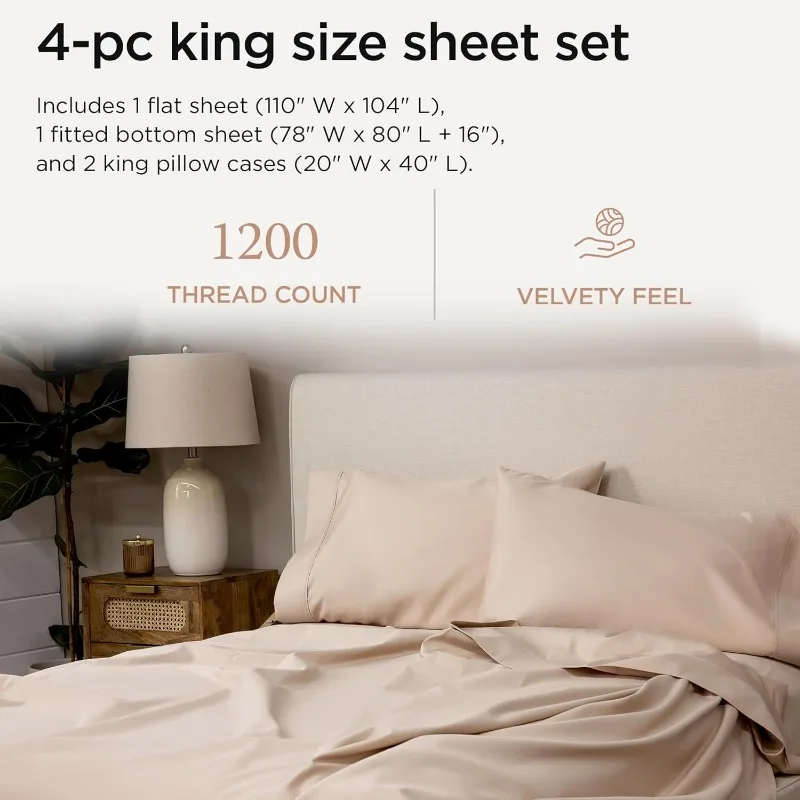 Luxury Supima Cotton Sheets, 1200 Thread Count Soft 100% Cotton Sheets for King Size Bed, 4 Pc Beige King Bed Sheets Set