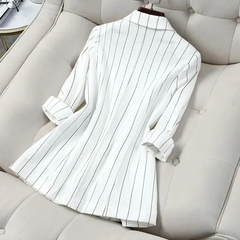 

Single Button Striped Thin Suit for Women Spring Summer 2025 New Slim Strip Seven Quarter Sleeve Short Suit Jacket Casual Top
