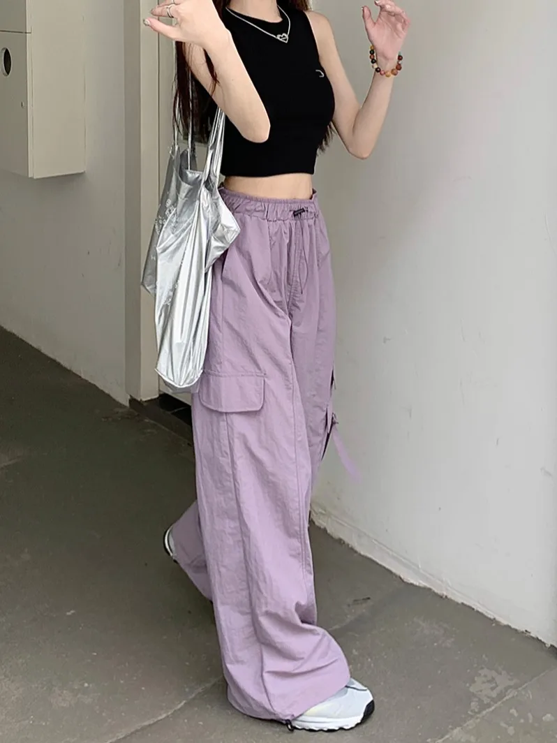 American Casual Overalls Women Waist Hugging Slimming Loose Wide Leg Drawstring Ankle-Tied Sports Straight Pants