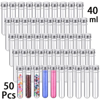 50pcs Empty Refillable Clear Plastic Test Tubes Bottle Silver Aluminum Cap Multipurpose Leakproof Vial Jar Holder 40ml