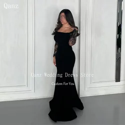 Qanz Saudi Arabia Evening Dresses Mermaid Long Sleeves Lace Black Vestidos De Fiestas Mujer Vintage Satin Party Gowns Customized