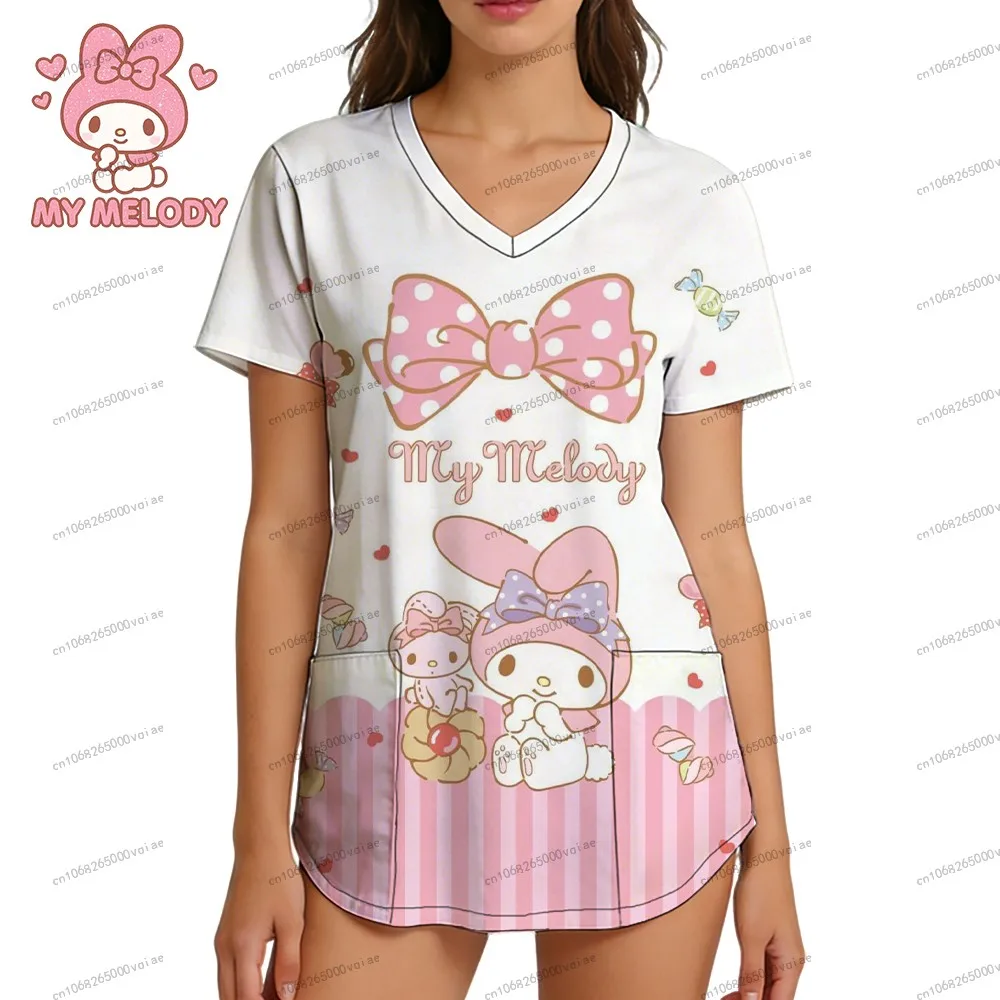 

My Melody Nurse Uniform Women's T-shirt Summer V Neck T-shirt Pocket Sanrio 3D Print Trend Kawaii Woman Clothes Streetwear S-2XL