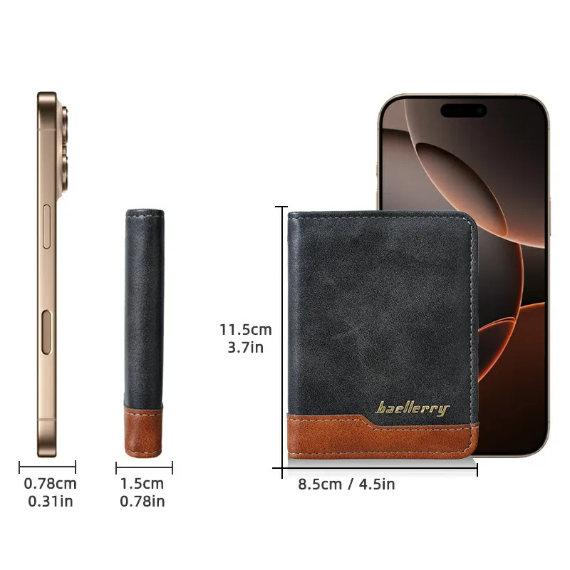 1Pc-Baellerry Unisex Vintage Color-Block Pu Leather Bifold Wallet, Featuring 4 Card Slots, 1 Id Photo Slot, and a Bill Compartment, Portable Wallet