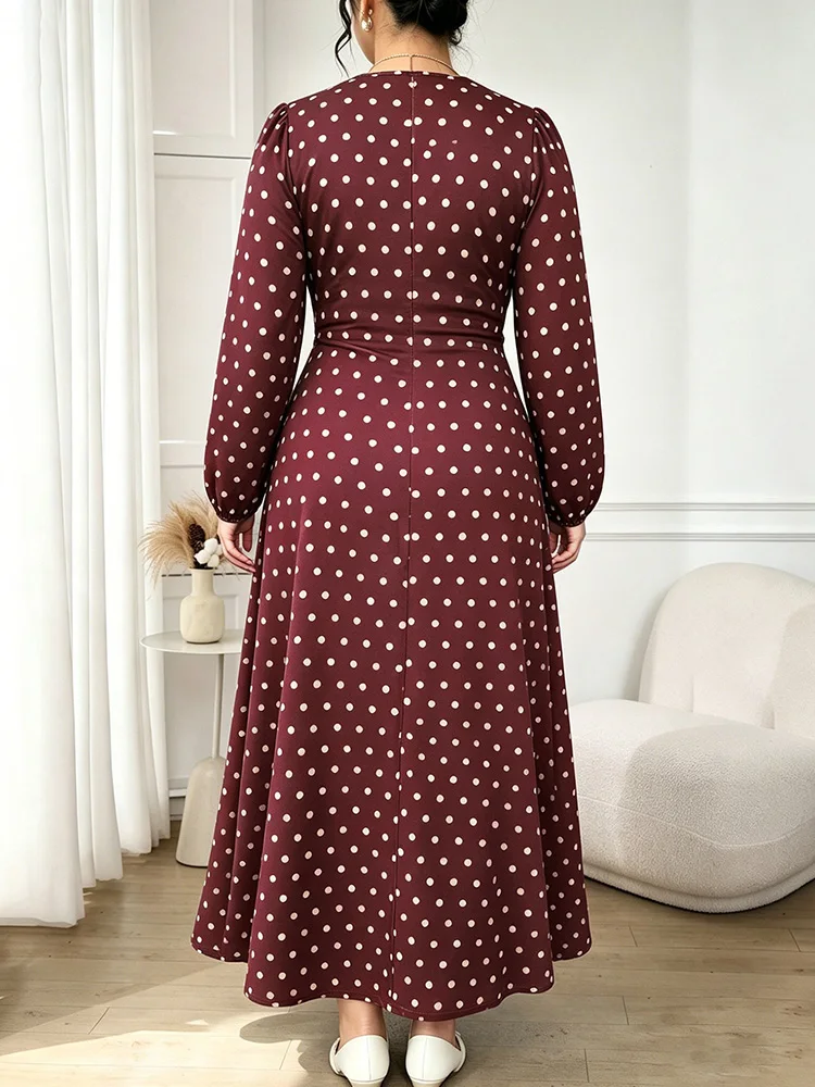 GIBSIE Plus Size Retro Polka Dot Autumn Long Dress Women 2026 Fashion Contrast Lace V-Neck Long Sleeve Elegant A-Line Dresses