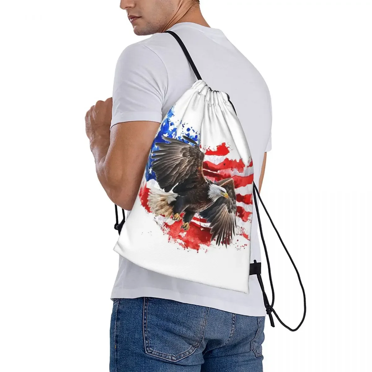 Mochila de águila voladora con fondo de bandera americana, bolsa con cordón, bolsa de artículos diversos, bolsa de libros