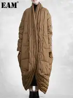 EAM Camel Big Size Thick Warm Long Down Jacket New Long Sleeve Warm Women Parkas Fashion Tide Autumn Winter 2026 31A1074