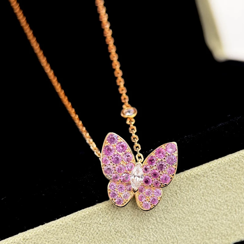 Trendy Real 925 Sterling Silver Necklaces For Women Gift Pink Cubic Crystal Design 5a Zircon Pendant Luxury Fine Jewelry