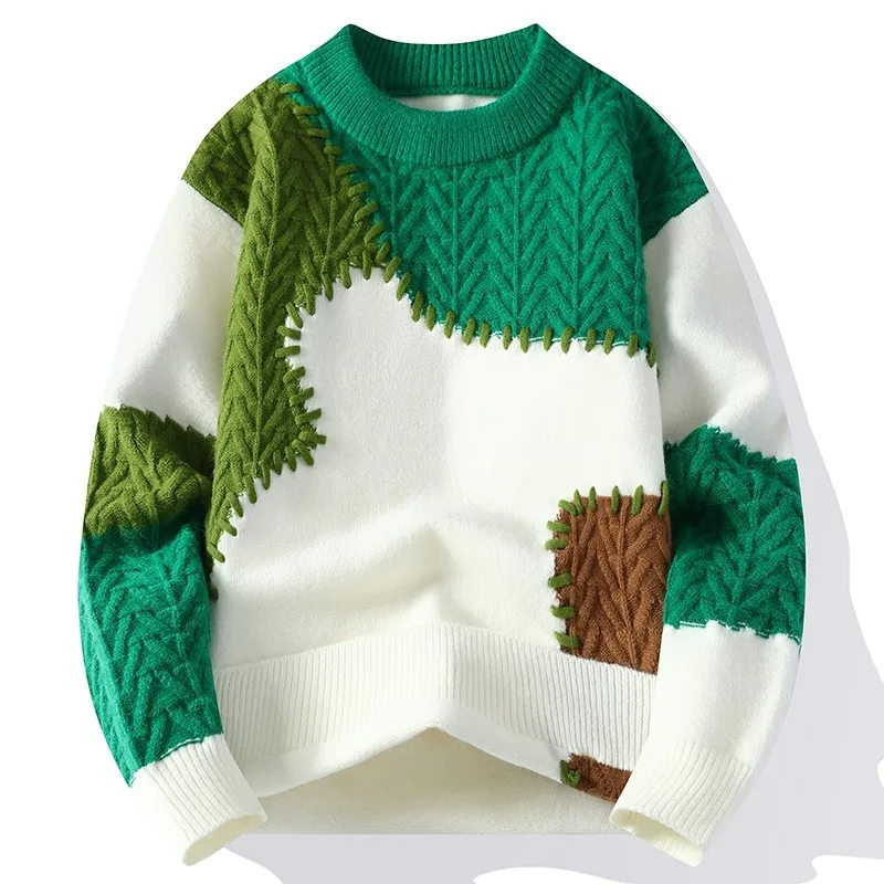 Thorn Style Spliced Knitted Sweater 2025 Fashionable High Street Autumn Winter Warm Men\'s Top Hip-hop Streetwear Fishing Sports