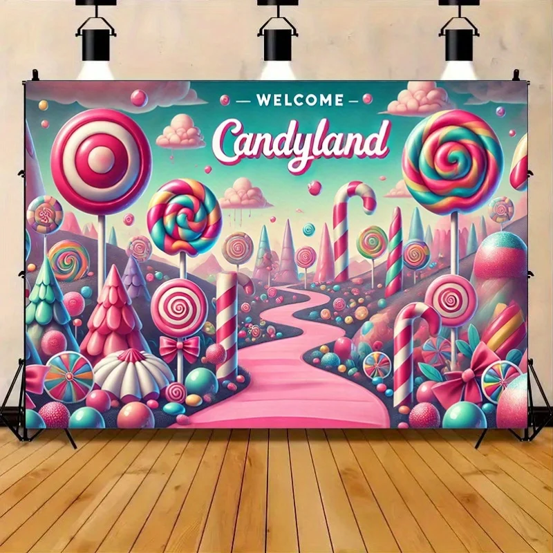 The Candy Land Fantasy World features a vibrant polyester background banner and whimsical candy-themed party decorations