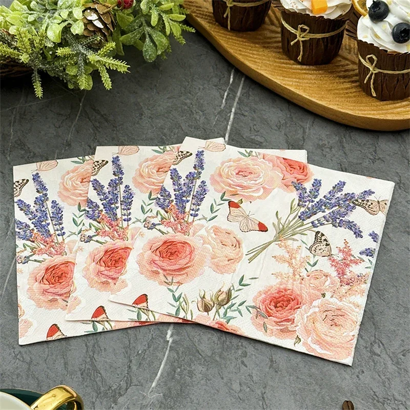 Restaurant Upscale Colourful Printed Paper Napkin Napkin Household Dining Table Mouth Cloth 33cm Pink Floral Facial Tissue Paper