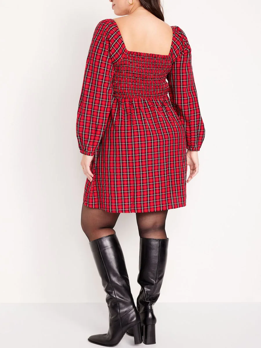 

Edhomenn Women Christmas Dress Plaid Patchwork Sweetheart Neckline A-line Dress Big Swing Holiday Long Sleeve Midi Dress