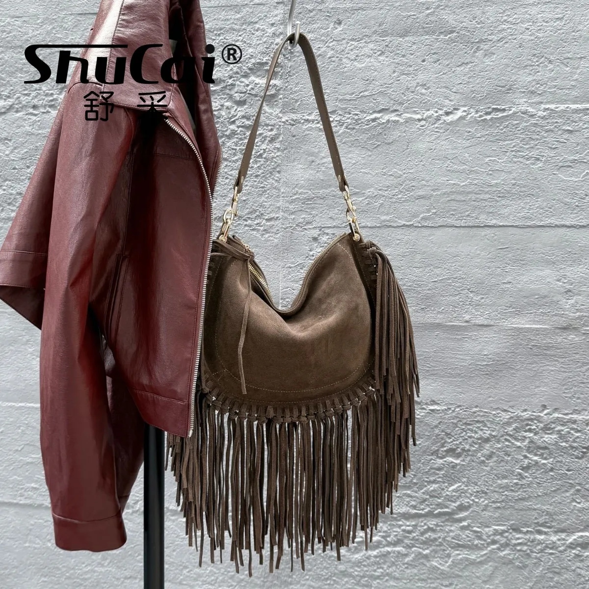 

Genuine Grade Women's Suede Cow Leather Retro Fringe Bag Luxury Designer Brand Female Cowhide Shoulder Crossbody Bags for Woman