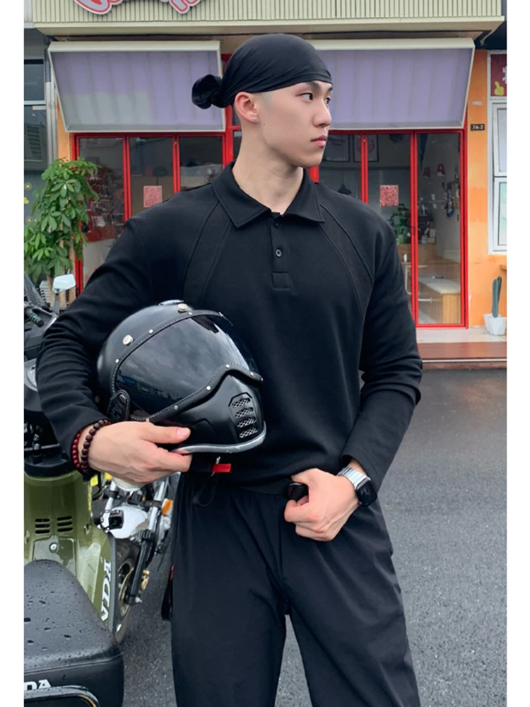 

American Sle Spliced Bla oulder irt Hoodie Men's Autumn Mature Stable Cleanfit Long Sve T-irt Faionable C...