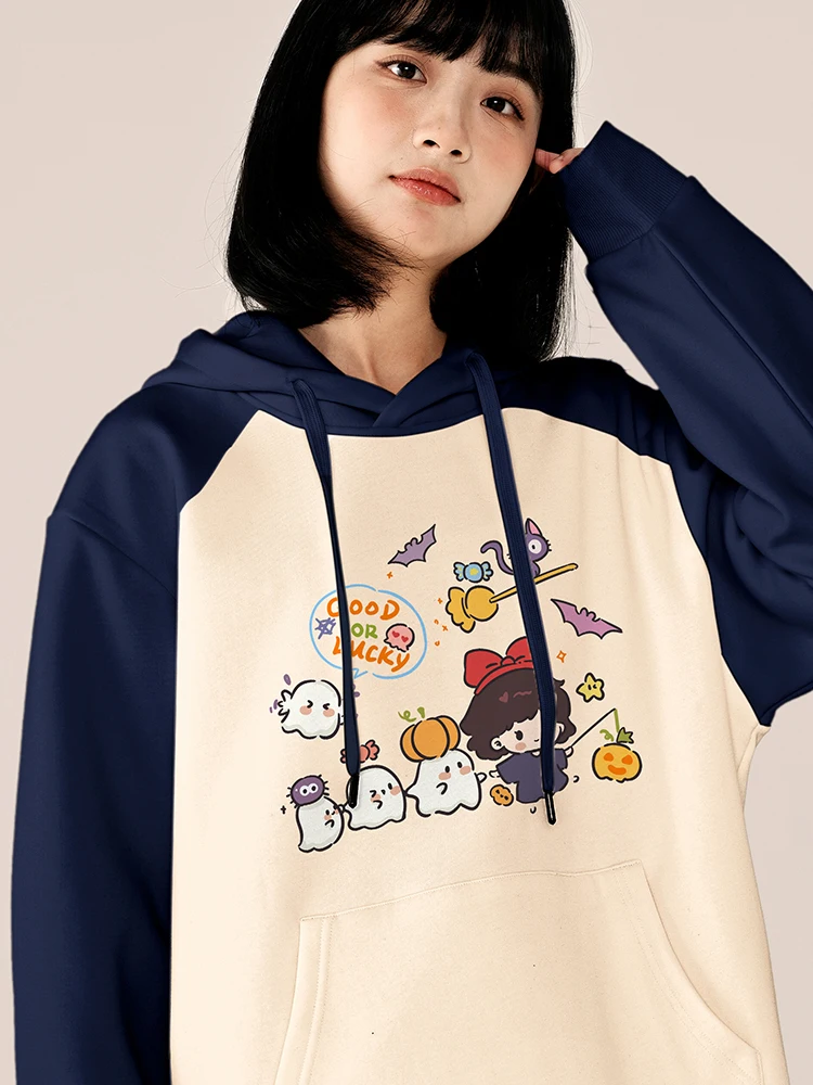 

Милая женская толстовка с цветными блоками в стиле Хэллоуин, свободного кроя, с длинными рукавами, с принтом призраков и тыкв, осенне-зимний топ