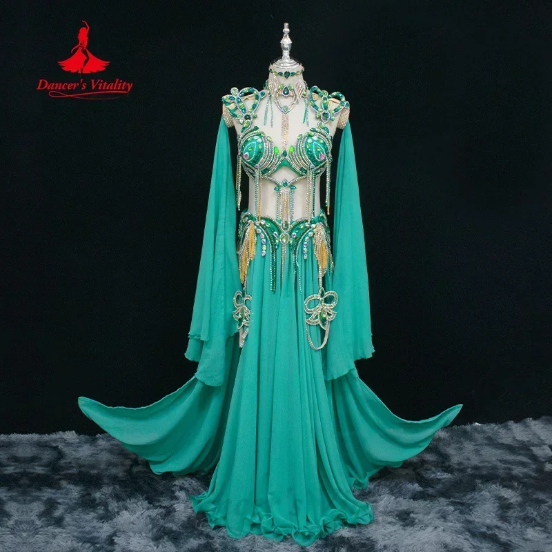 Belly Dance Performance Costume Set for Women's Customized High-end Luxury Rhinestone Tassel Set for Girls' Competition Outfit