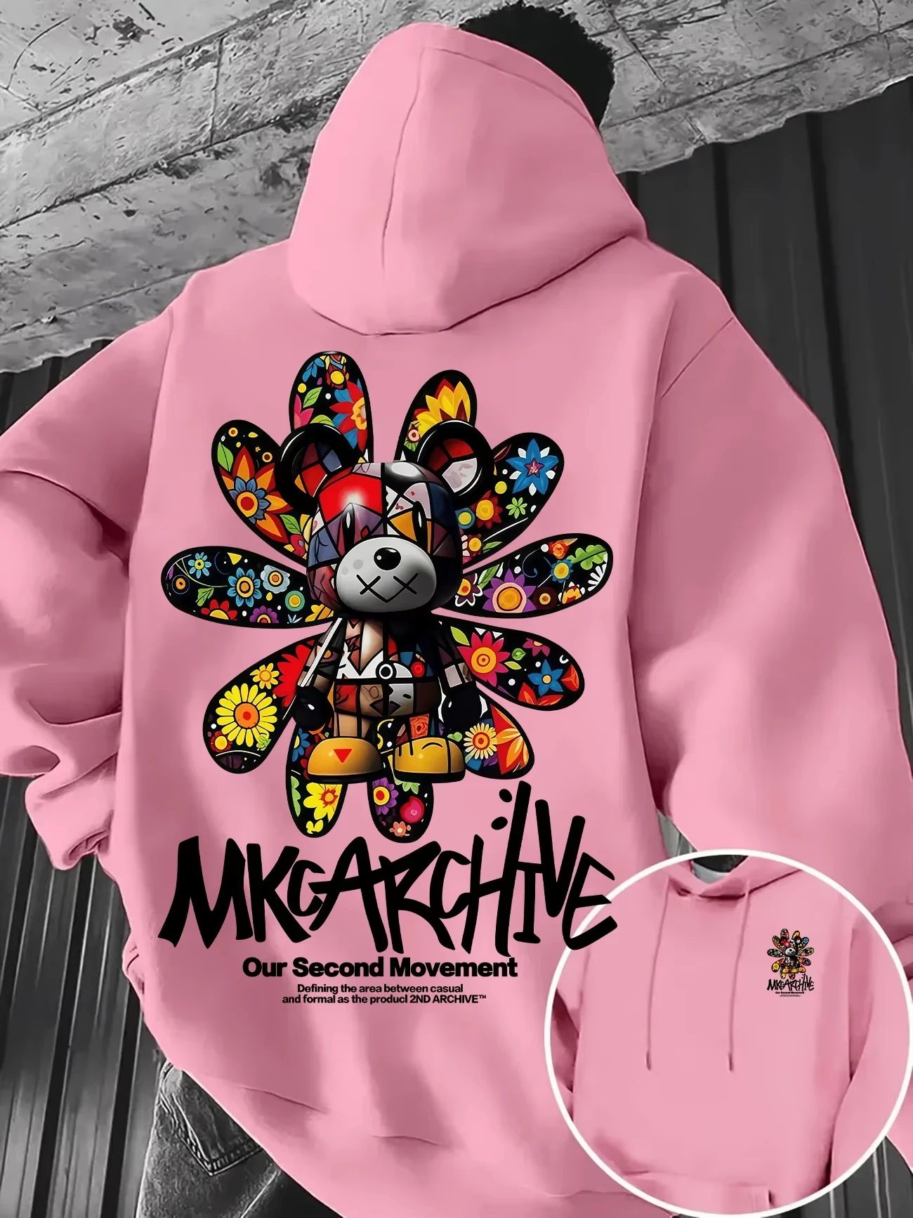Herren-Freizeit-Sweatshirt mit Kapuze, bunter Pullover mit Blumen- und Bären-Graffiti-Print, warmes, lockeres Streetwear-Oberteil für Herbst und Winter, ideal für den Außenbereich. – Detail 11