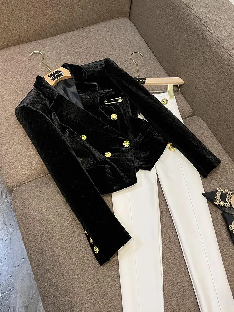 

Faionable Metal Double-Row Button Pin Decoration Velvet ort Suit Jaet Commute Sle Slim Fit Long Sve Pure Color