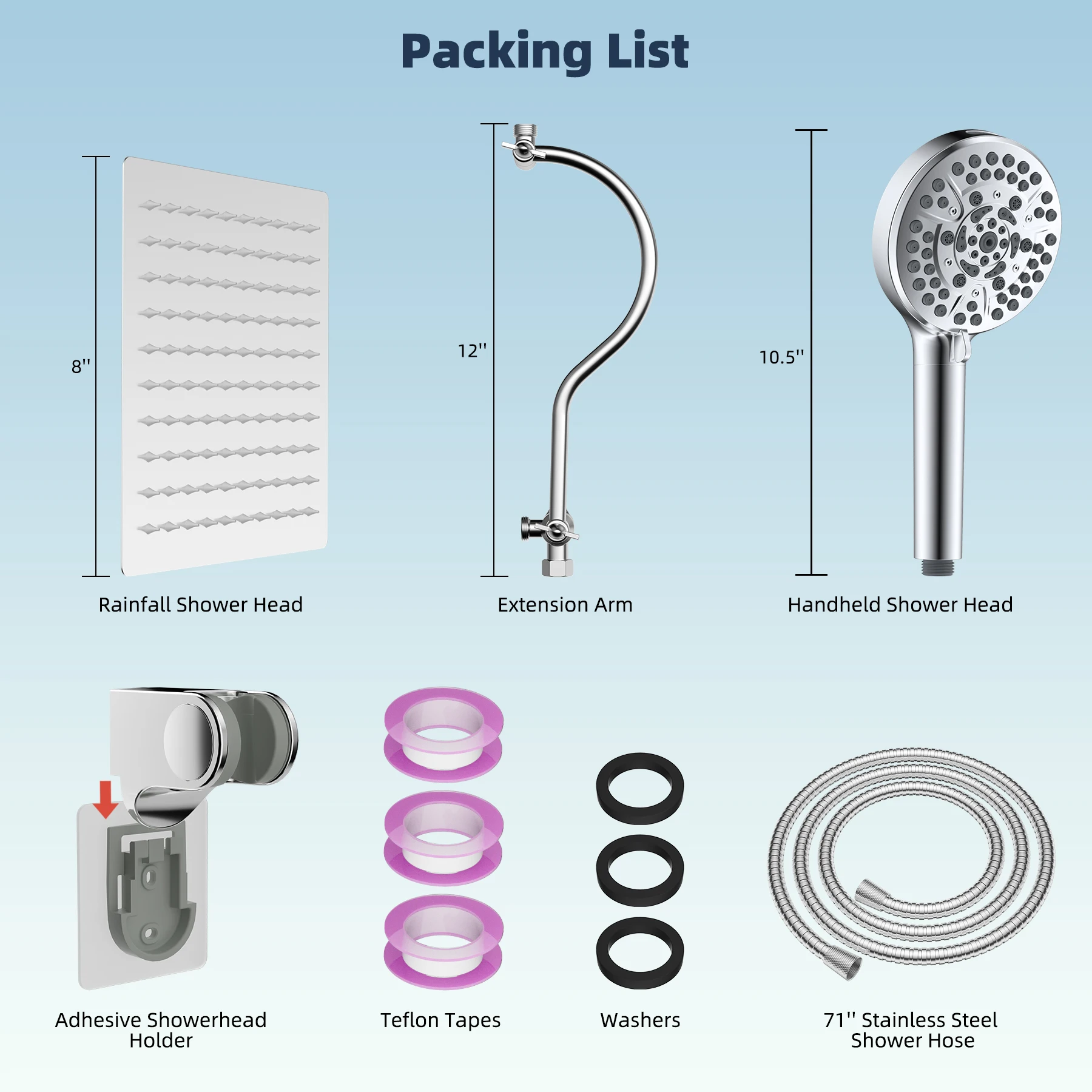 All Metal Shower Head, 8'' High Pressure Rainfall Shower Head, Handheld Showerhead Combo with 12'' Adjustable Extension Arm