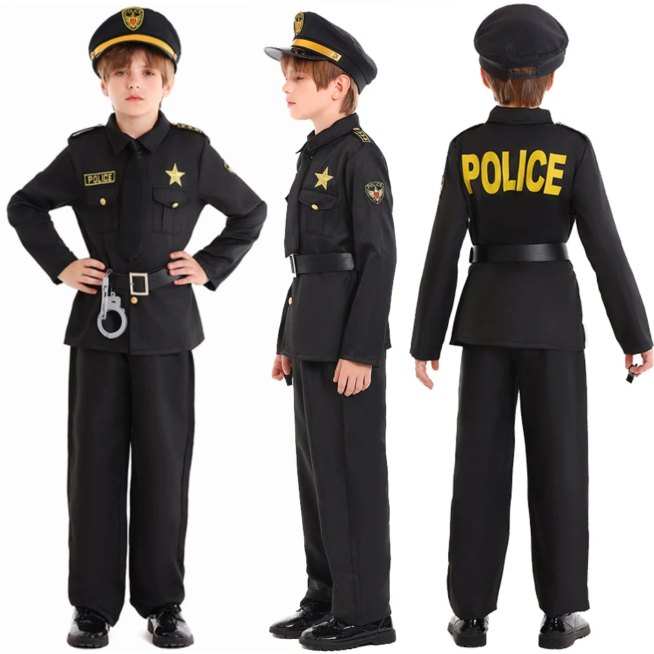 

Детские костюмы полицейского на Хэллоуин, черные полицейские профессиональные ролевые праздничные костюмы для ролевых игр, офицер полиции для мальчиков