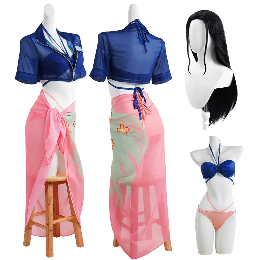 Women Nico Robin Cosplay Wigs Swimsuit Bikini Costume Anime Roleplay Swimwear Cloak Skirt Outfits Halloween Carnival Party Suit