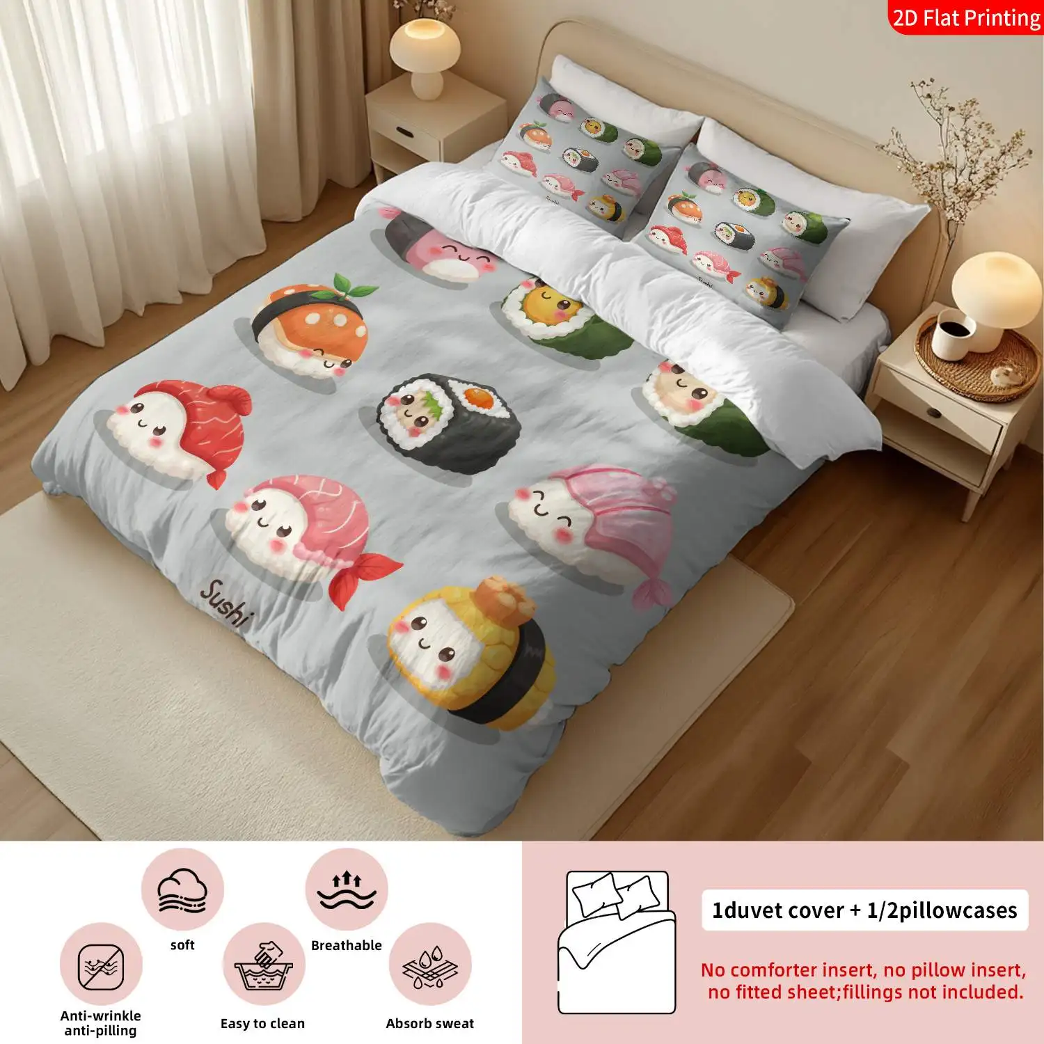 Soft Duvet Cover Set, 2D Flat Printed Duvet Cover Set, Sushi Bedspread with Pillowcases, Suitable for Bedding Covers, Kawaii Sushi Roll Printed Duvet Cover, Machine Washable with Zipper Closure, Room Decoration, Colorful Themed Bed Sheet, Machine Washable, Invisible Zipper, Large Duvet Cover Set, Bedding Set, Quilt Cover
